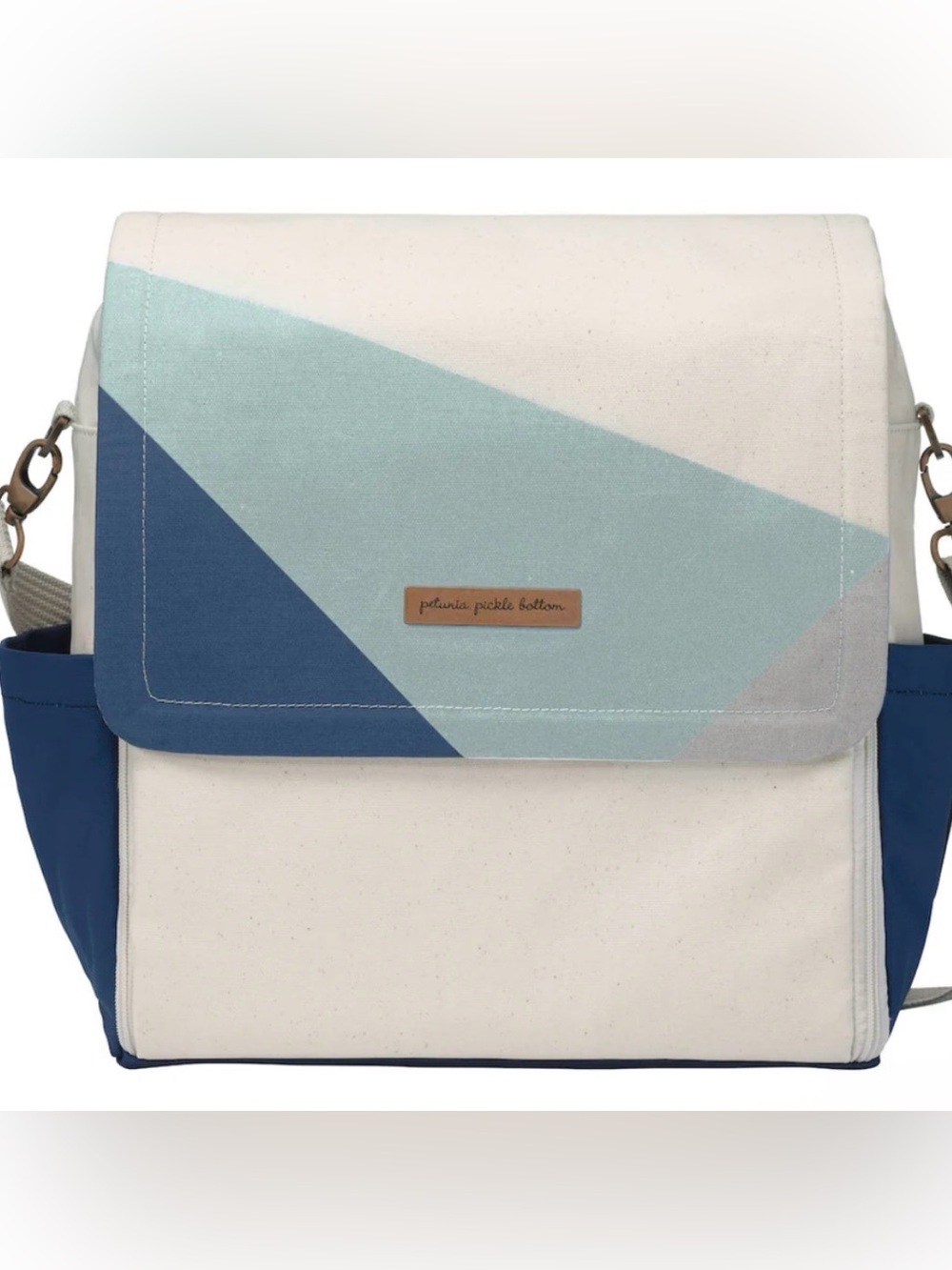 Petunia Pickle Bottom Boxy Backpack Diaper‎ Bag in a geometric cream, navy, teal